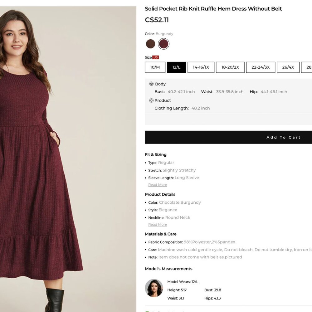 Solid Pocket Rib Knit Ruffle Hem Dress - Picture 2 of 3